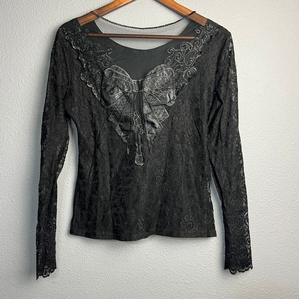 Black Lace L/SL Top Grunge Bow Embellishment XXL Goth Emo Party Whimsical Fairy